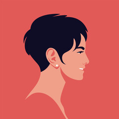 The face of a smiling Asian woman in profile with a short haircut. Side view. Vector flat illustration