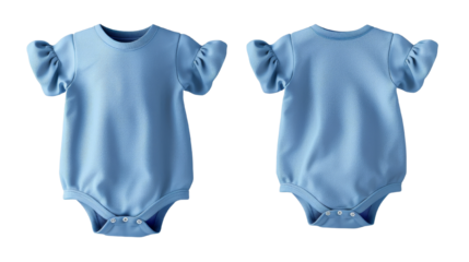 Front and back view of a blue baby onesie featuring cute ruffled sleeves, perfect for infant fashion and comfort cut out transparent isolated on white background PNG file
