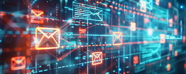 Naklejka premium Futuristic Vibrant digital email communication artwork showcasing multiple neon email icons floating amidst a matrix of binary code. 