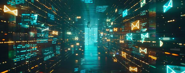 Futuristic Vibrant digital email communication artwork showcasing multiple neon  email icons floating amidst a matrix of binary code. 