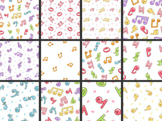 Naklejka premium Cute kawaii music notes. Seamless pattern. Funny cartoon character. Hand drawn style. Vector drawing. Collection of design ornaments.