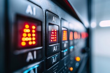Close up of AI server rack with illuminated indicators in a dark data center, representing cutting edge artificial intelligence technology in a secure environment.