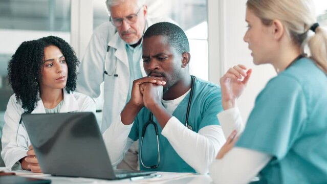 Laptop, medical and group discussion in meeting for healthcare, brainstorming ideas and mentor training nurse. Team, doctor or people planning for collaboration on research project in hospital clinic