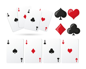 Set of playing cards, aces and suits icons. Illustration, casino background, vectorf playing cards, aces and suits icons. Illustration, casino background