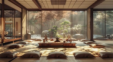 Fototapeta premium Zen and Tranquil Interior Spaces Serene Ambiance and Calm Retreats