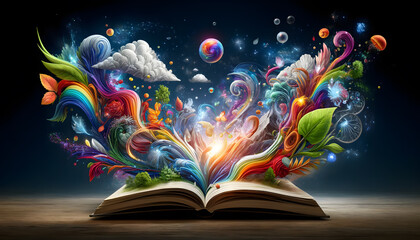 an open book with vibrant, magical elements emerging from its pages, including natural elements like mountains, trees, leaves, and clouds