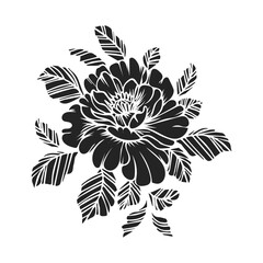Hand-drawn black silhouette of a peony flower. Floral print, template, vector