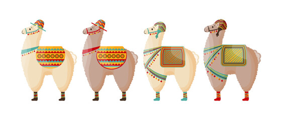 Set of cute llamas in a hat with a saddle, mexican alpaca. Symbol of Mexico and Peru
