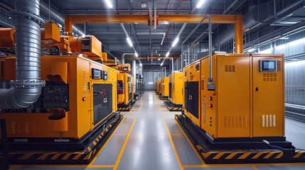Factory generator room with large powerful industrial generators.