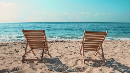 minimal Wooden deck chairs on sandy beach near