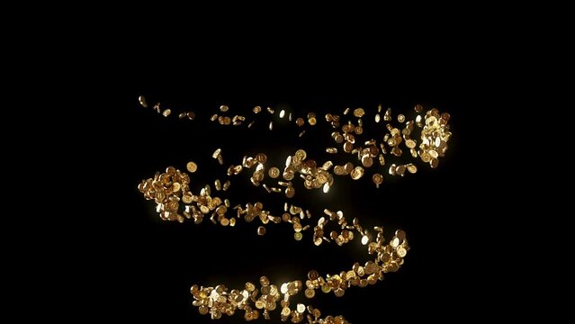 A swirling helix of thousands of gold coins with a bold R for south african rand symbol embossed onto it