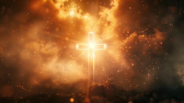 Christian golden cross on sky in center, with ligt from above, epic, dramatic clouds