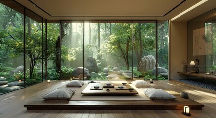 Fototapeta premium Zen and Tranquil Interior Spaces Serene Ambiance and Calm Retreats