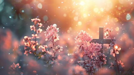 Cemetery, Christian cross  with flowers , in nature, copy space 