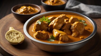 Chicken curry with bread on wooden board
