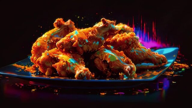There is a plate of chicken wings. The chicken wings are lit up with a blue and orange light.