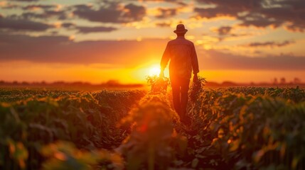 Obraz premium Farmer walking in field at sunset with golden light