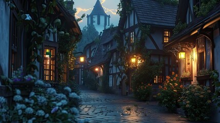 Fototapeta premium A quaint village street glowing with warm evening lights