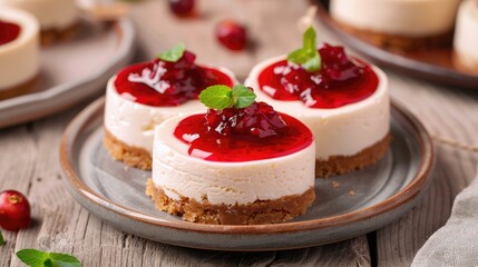 Healthy cheesecakes with a topping of sour cream and jam Emphasizing a weight loss diet idea High definition