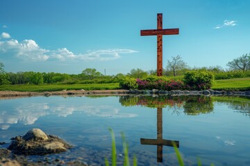 Christian wooden cross. Festive cross. Cross on water. Church wooden cross. Festive cross with flowers. Jesus christ cross easter resurrection concept christian cross
