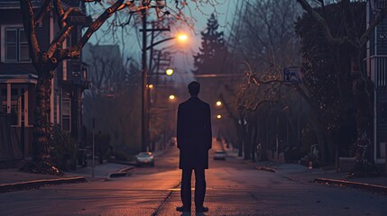 Back view of a businessman standing alone on a quiet street at twilight