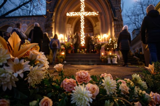 Service in the church. People on church yard. Festive cross. Church easter entrance. Christian censer. Christian service beautiful church orthodox catholic decoration with burning candles, flowers