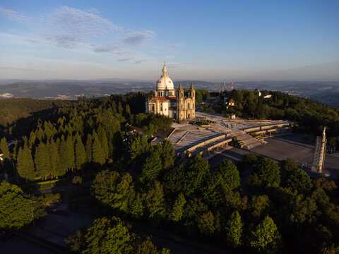Sameiro Sanctuary drone aerial view in Braga, Portugal. Sunset. Sunny day