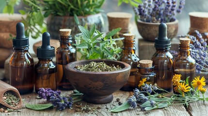 Fototapeta premium Herbal medicine and alternative healing concept featuring a nature pharmacy with homeopathy products. Fresh herbs are displayed in a mortar alongside glass bottles, set on a wooden table to emphasize 