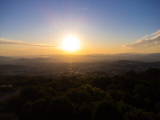 Sameiro Sanctuary drone aerial view in Braga, Portugal. Sunset. Sunny day