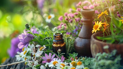 A collection of medicinal herbs and flowers, with selective focus highlighting their natural beauty and therapeutic qualities.