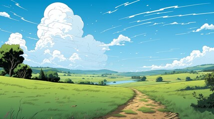 A tranquil countryside scene with clear skies and rolling green fields.