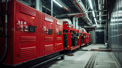 Factory generator room with large powerful industrial generators.