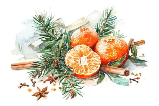 Festive Mandarin and Spice Decoration with Winter Fir Branch. Holiday Celebration Concept