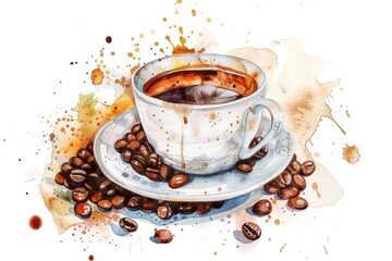 Hand Drawn Watercolor Coffee Set with Beans, Cup, and Branch. Delicious Espresso Drink Concept