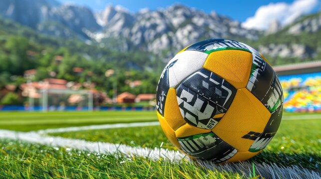 Vibrant soccer ball on a lush green field with mountains and a clear sky in the background, perfect for sports and outdoor activities.