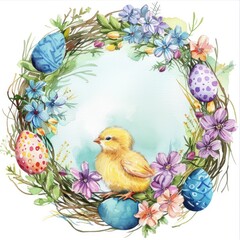Hand-drawn Easter Wreath with Colorful Eggs, Spring Flowers, and Little Yellow Chick - Watercolor Illustration