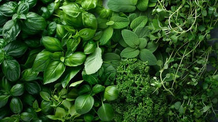 "Panoramic background featuring bunches of fresh garden herbs, showcasing their vibrant green colors and textures, evoking a sense of freshness and natural abundance."