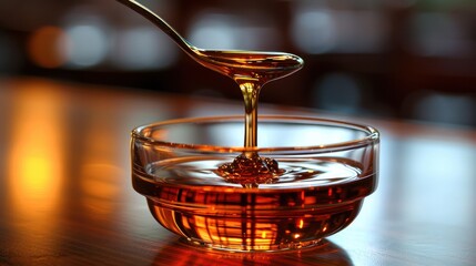 Golden honey gracefully drips from a spoon into a glass bowl, creating a visually appealing scene perfect for food-related content.