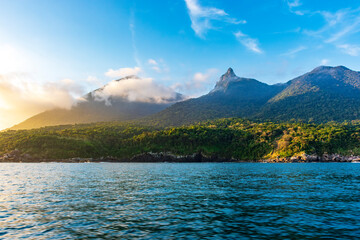 Mountains, forests and sea on the island of Ilhabela on the north coast of Sao Paulo during sunset