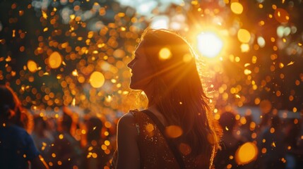 Silhouette of a woman at a festival with golden bokeh lights