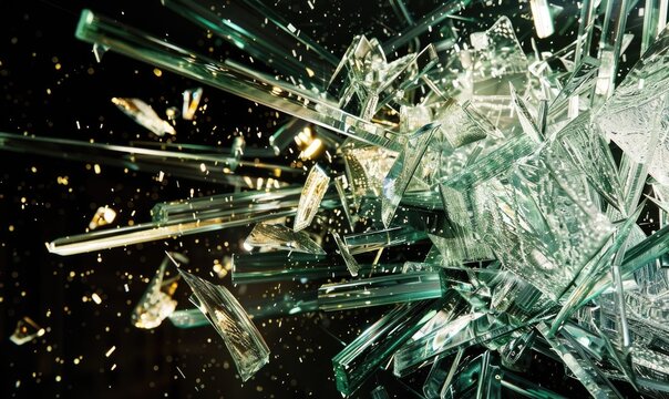 Glass breaking in high speed, broken glass closeup