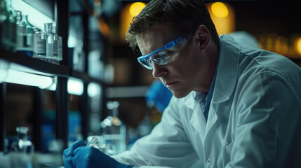 Dedicated scientist conducting research in a laboratory at night, emphasizing focus, science, and technological advancements.
