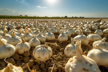 Obraz premium Expansive Garlic Field Under Clear Blue Sky on a Sunny Day with Numerous Fresh Garlic Bulbs Ready for Harvest in Fertile Soil