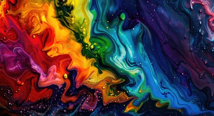 Closeup abstract background with rainbow colored paint flowing on black canvas