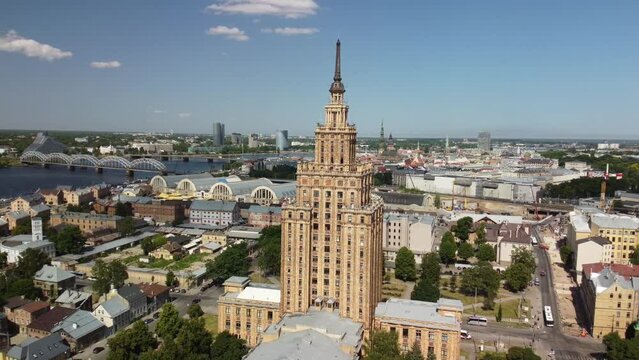 Aerial side slide to Soviet Science house in Riga city centre, June 2023