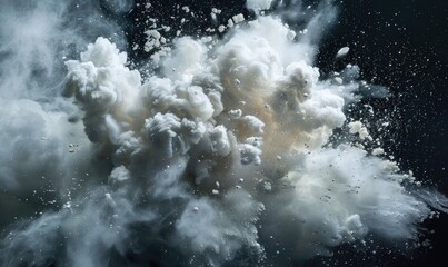 Powder explosion creating a white cloud on black background