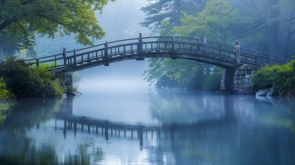 picturesque bridge arching gracefully over a tranquil lake.