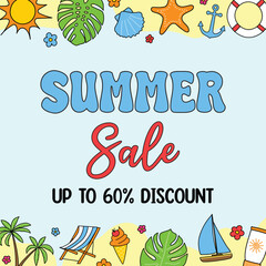 Abstract Summer Sale poster with holiday icons. Vector illustration