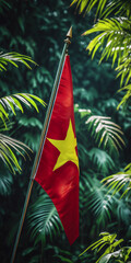 Naklejka premium Vietnam's Independence Day. a holiday in Vietnam.the Vietnamese flag. the Vietnamese flag on the background of Vietnamese nature. Vietnamese nature