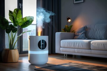 A stylish humidifier with visible vapor in a contemporary living room with plants